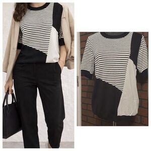 Black White Color Block Striped Knit Top Size L Monochrome Minimal